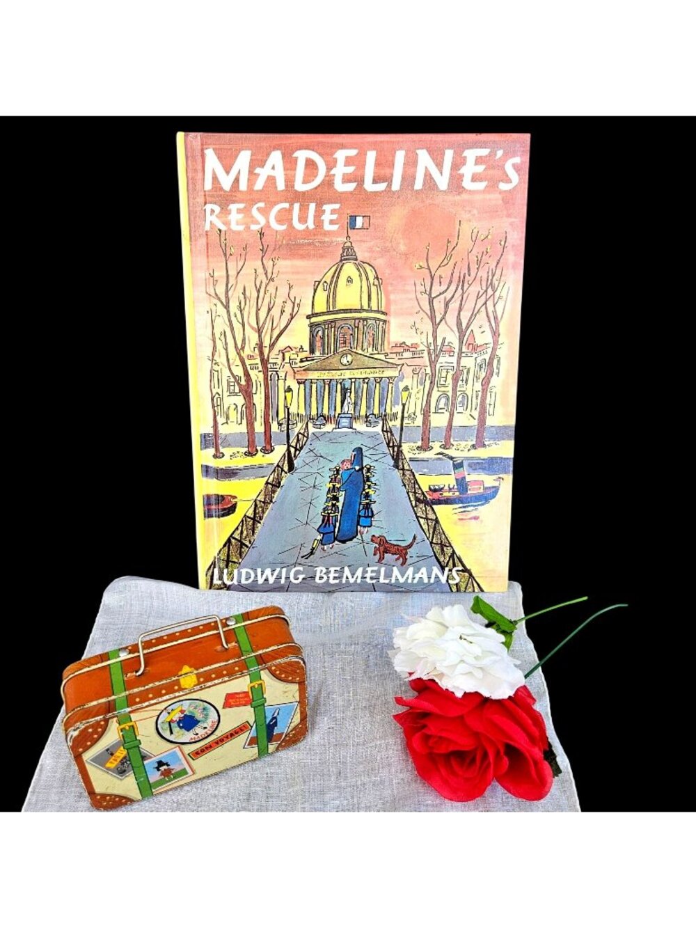 Vintage Madeline Book Instant Collection Lot Tin Suitcase Hankie Flowers 1981